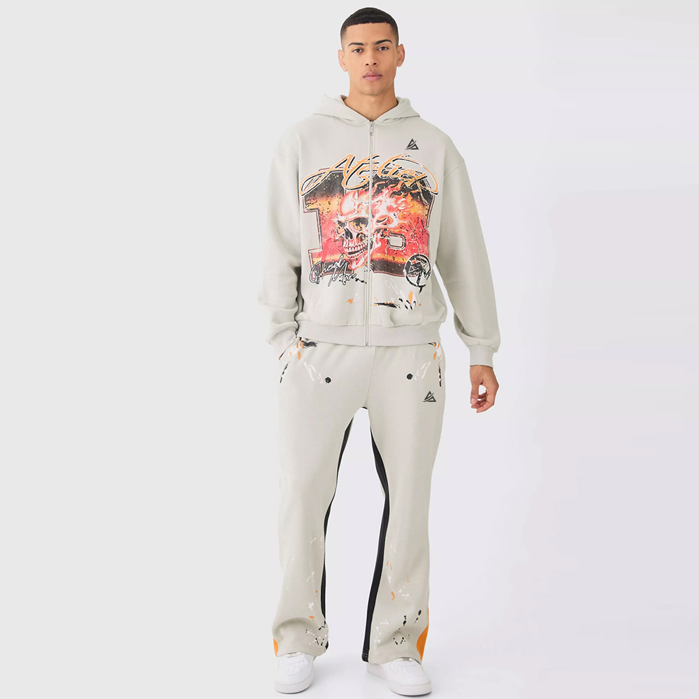 Oversized Washed Paint Splatter Graphic Zip Through Tracksuit